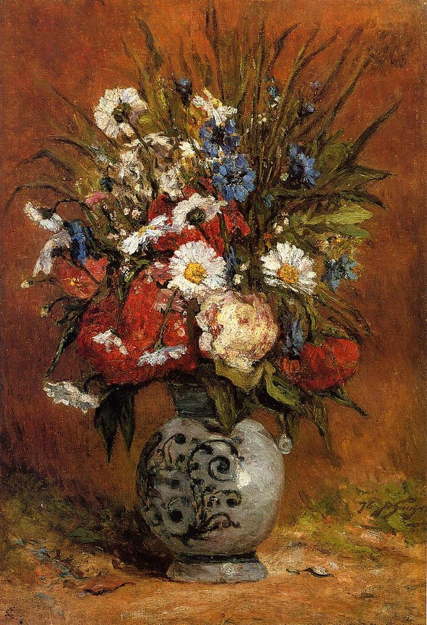Daisies and Peonies in a Blue Vase - Paul Gauguin Painting